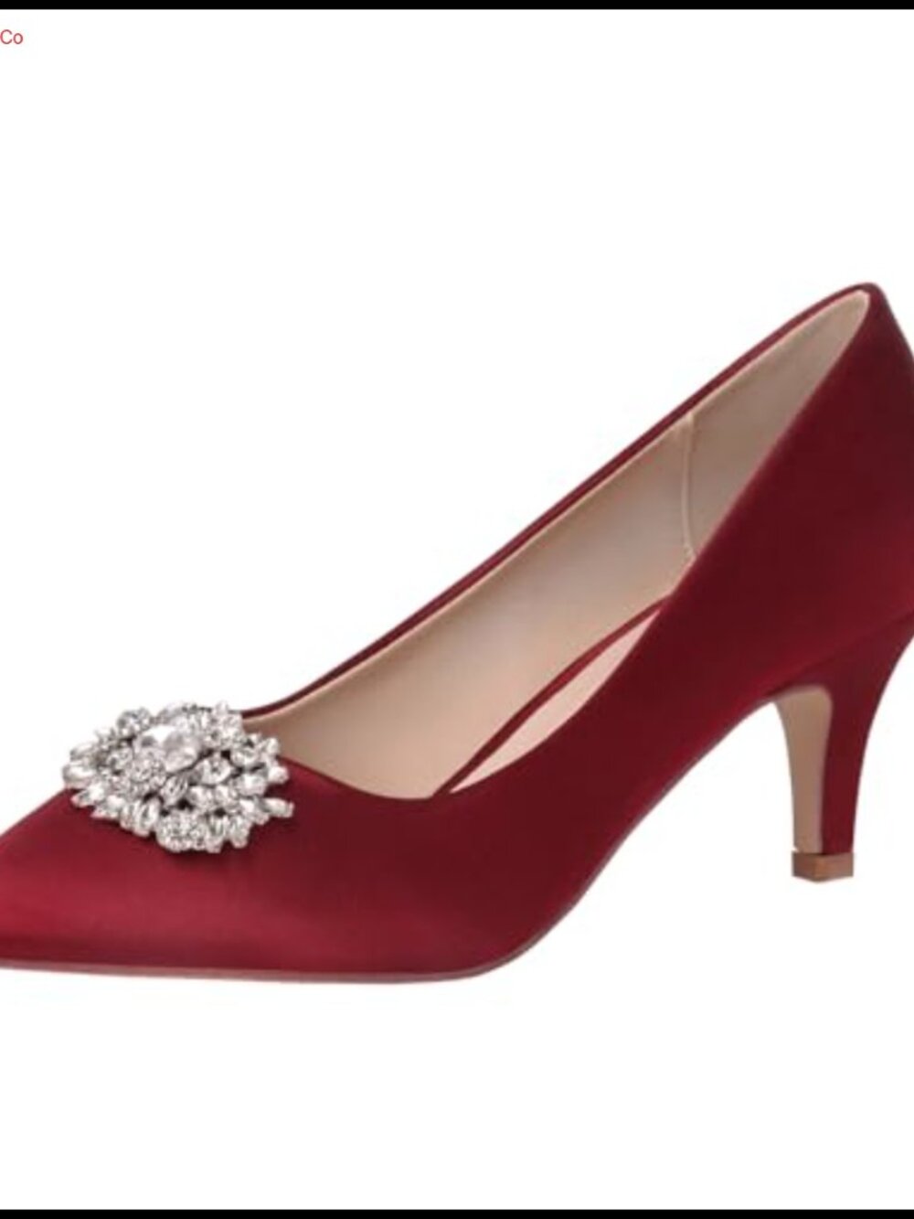 Women Lace Satin Pointy Toe Kitten Heel Pumps with Rhinestone Brooch